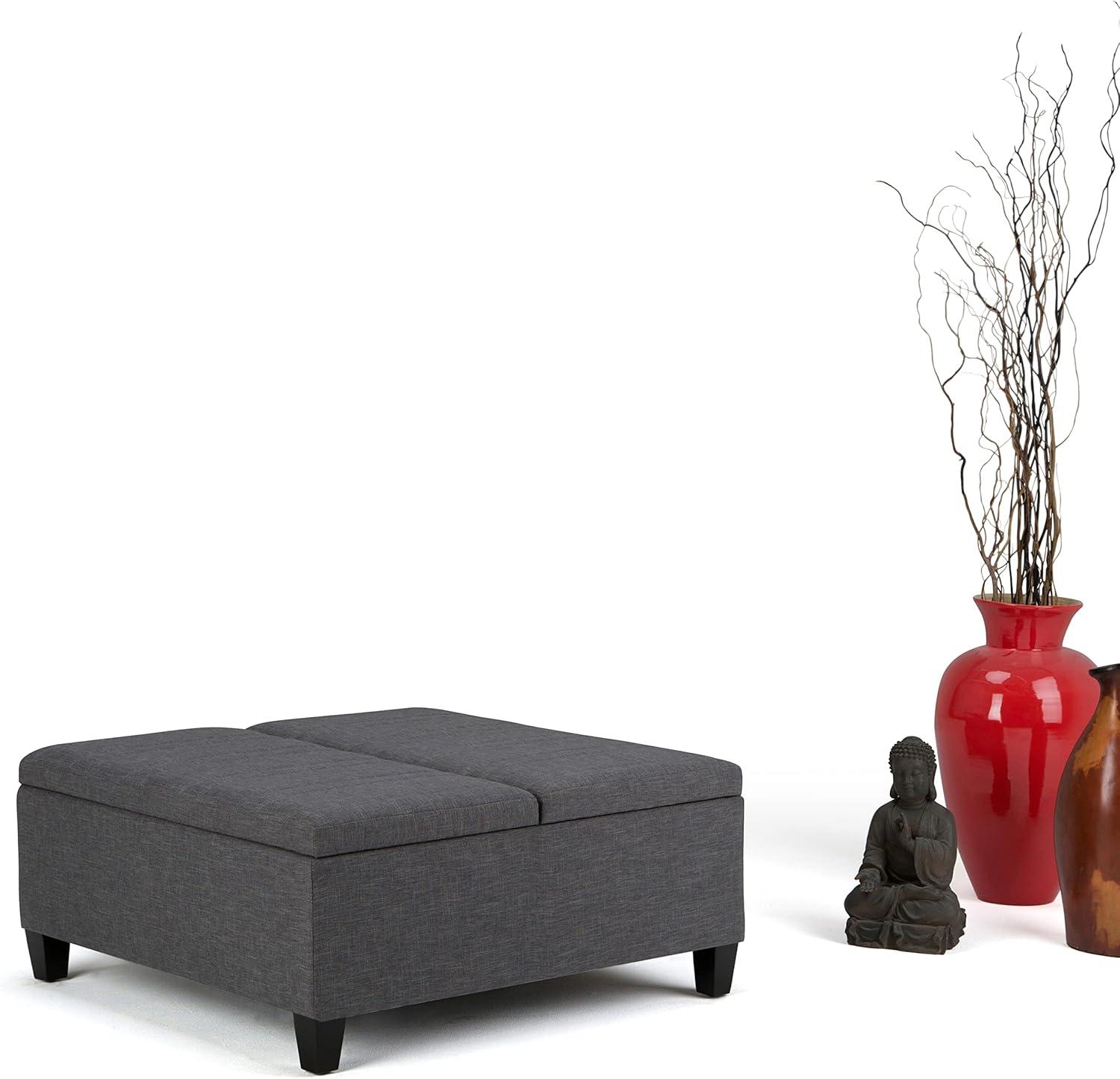 Simpli Home Ellis 36"W Upholstered Square Coffee Table Storage Ottoman with Split Lift Top