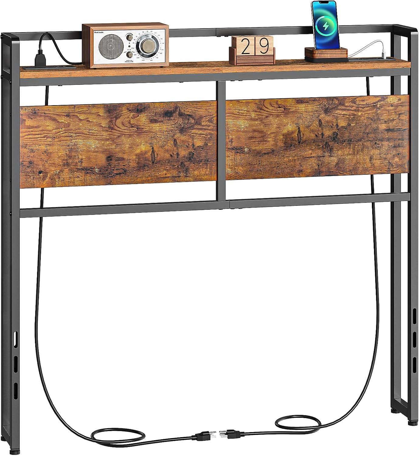 Full Size Headboard, Headboard with 2 Outlets, LED Lights and USB Ports, Adjustable Height, Storage Rack, Sturdy and Stable, Easy Assembly