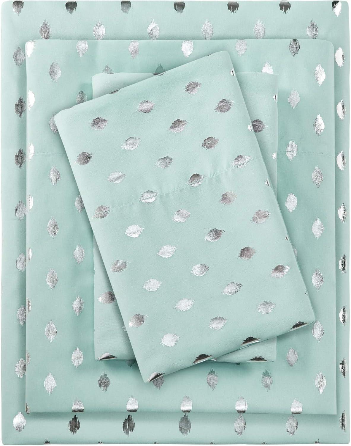 Twin Aqua and Silver Metallic Dot Microfiber Sheet Set