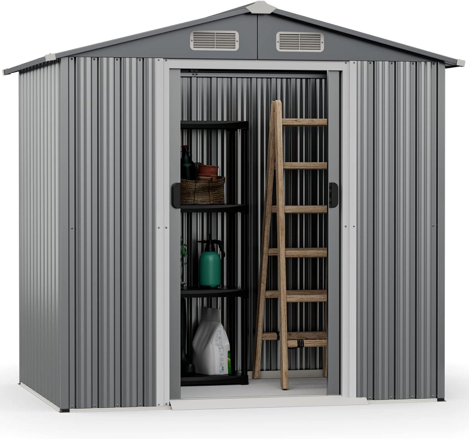 Metal Gray 6' x 4' Outdoor Storage Shed with Sliding Doors