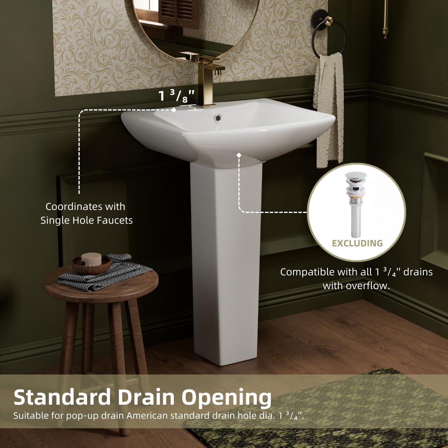 Classic Vintage Bathroom Pedestal Sink, Los Flexi 23"W x 19"D White Ceramic Freestanding Sinks for bathrooms, Overflow, 3 Pre-Drilled Holes for 4-Inch Faucets, Easy Install