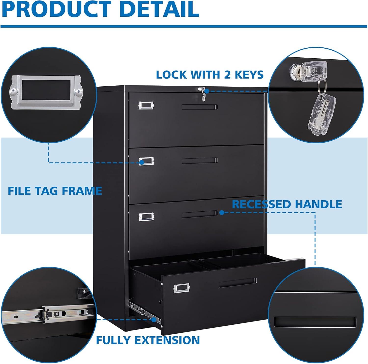 Letaya File Cabinets,4 Drawer Metal Lateral Filing Organization Storage Cabinets with Lock,Home Office for Hanging Files Letter/Legal/F4/A4 Size (Require Assembly)