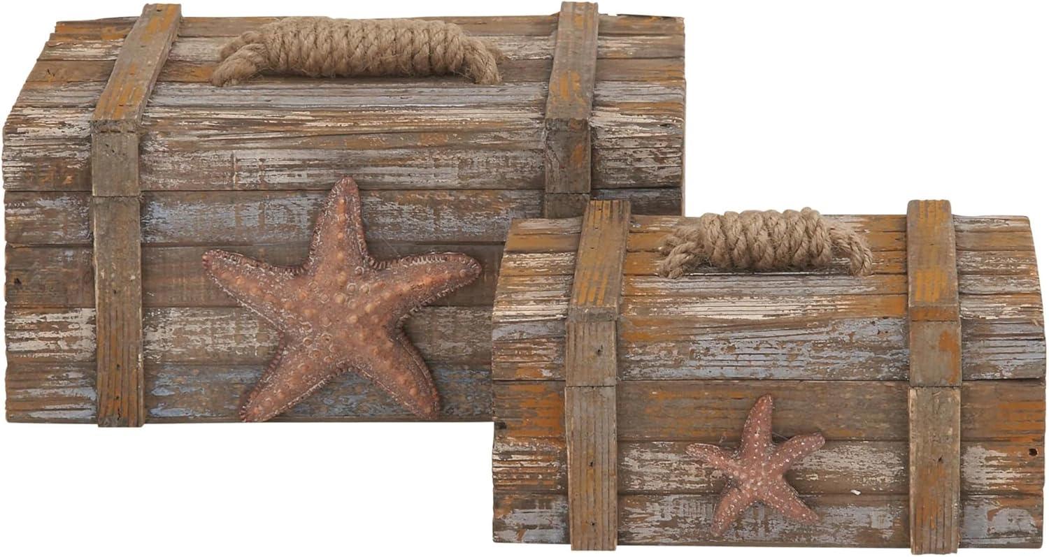 DecMode Starfish Handmade Distressed Wood Decorative Box with Knotted Rope Details, 2 Count