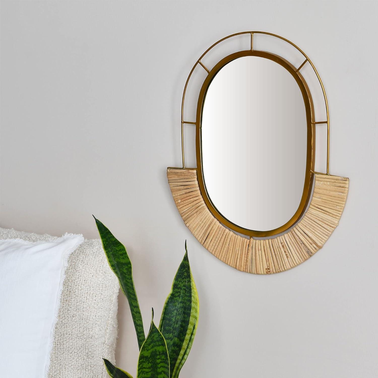 Storied Home Oval Modern Boho Metal and Cane Framed Wall Mirror Natural: Iron & Cane Material, No Assembly Required