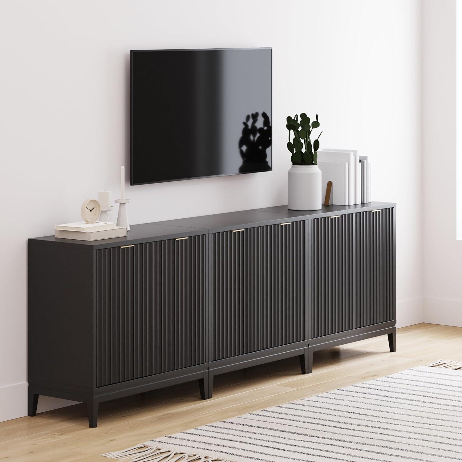 Black Oak-Gold Fluted Wood Sideboard with Storage