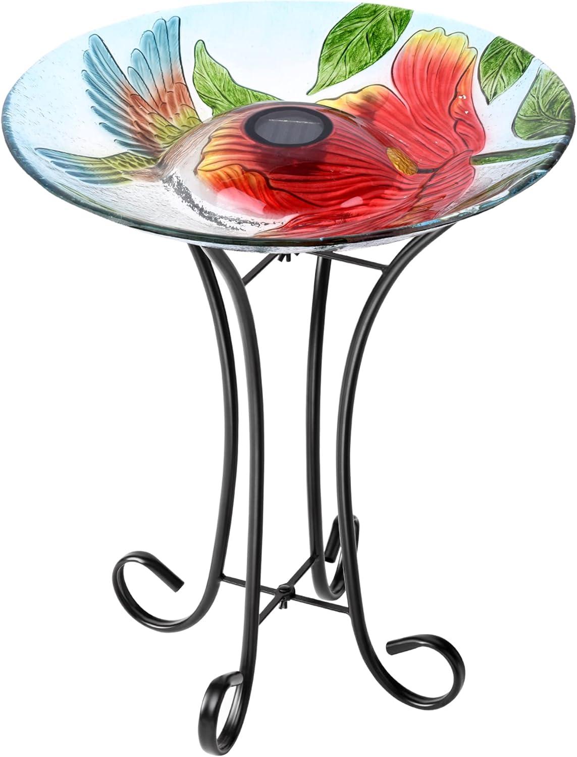 Solar LED Floral Glass Bird Bath with Metal Stand