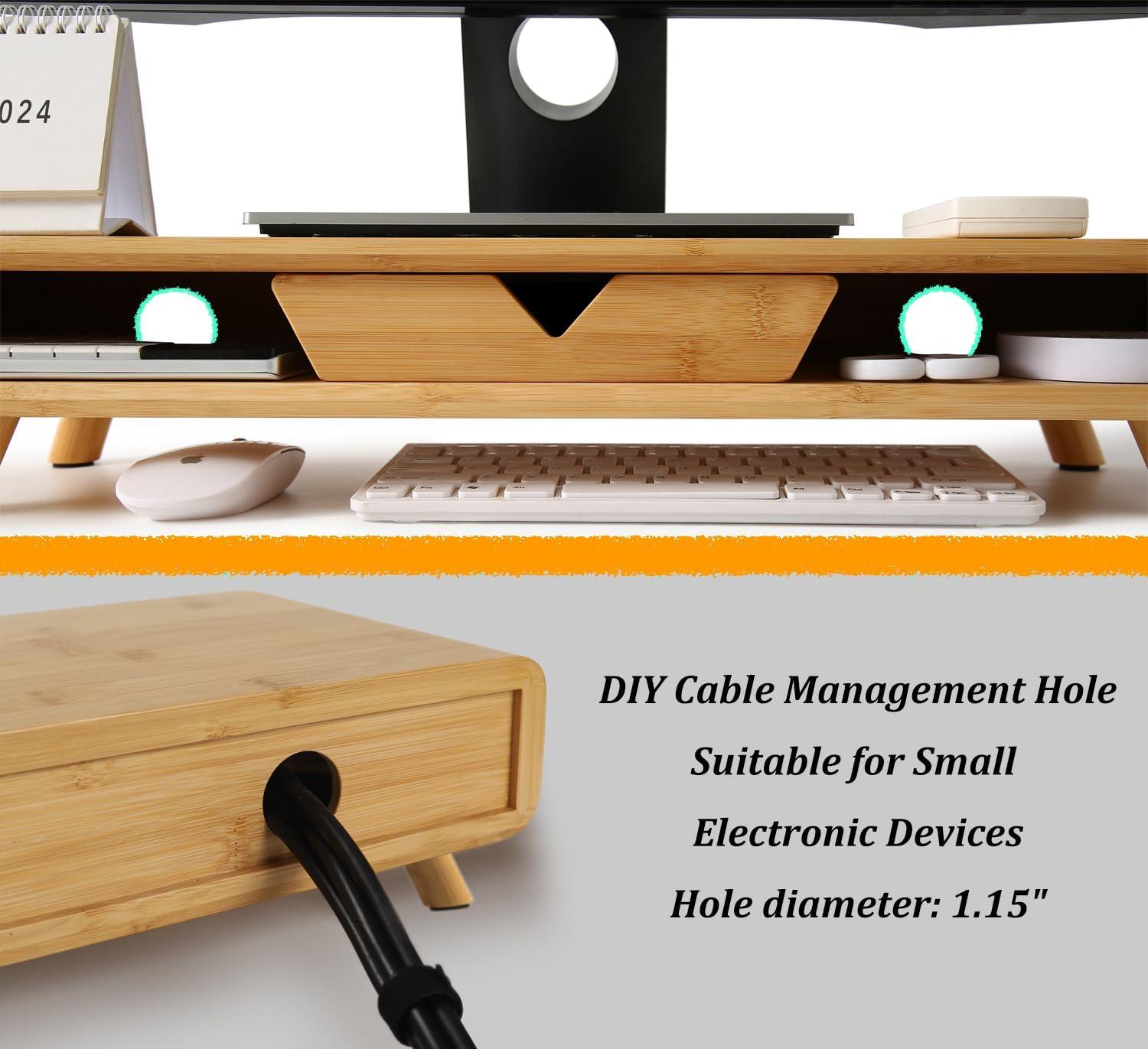 Bamboo Ergonomic Monitor Stand Riser with Drawer