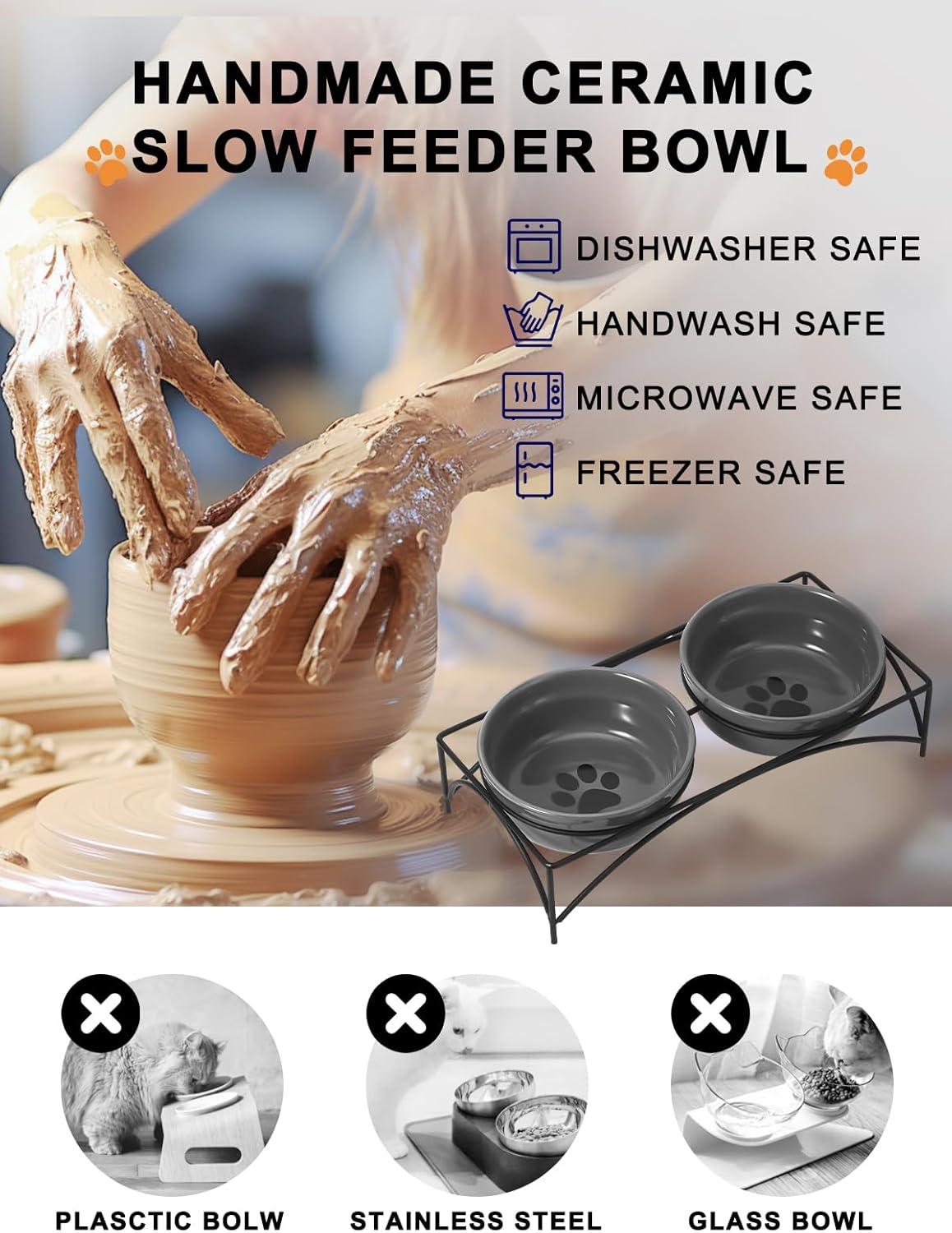 Y YHY Dog&Cat Food Bowls,12OZ Ceramic Raised Pet Bowls for Food and Water, Two Elevated Pet Dishes Bowls 2.75” Height Sturdy Metal Stand, Grey