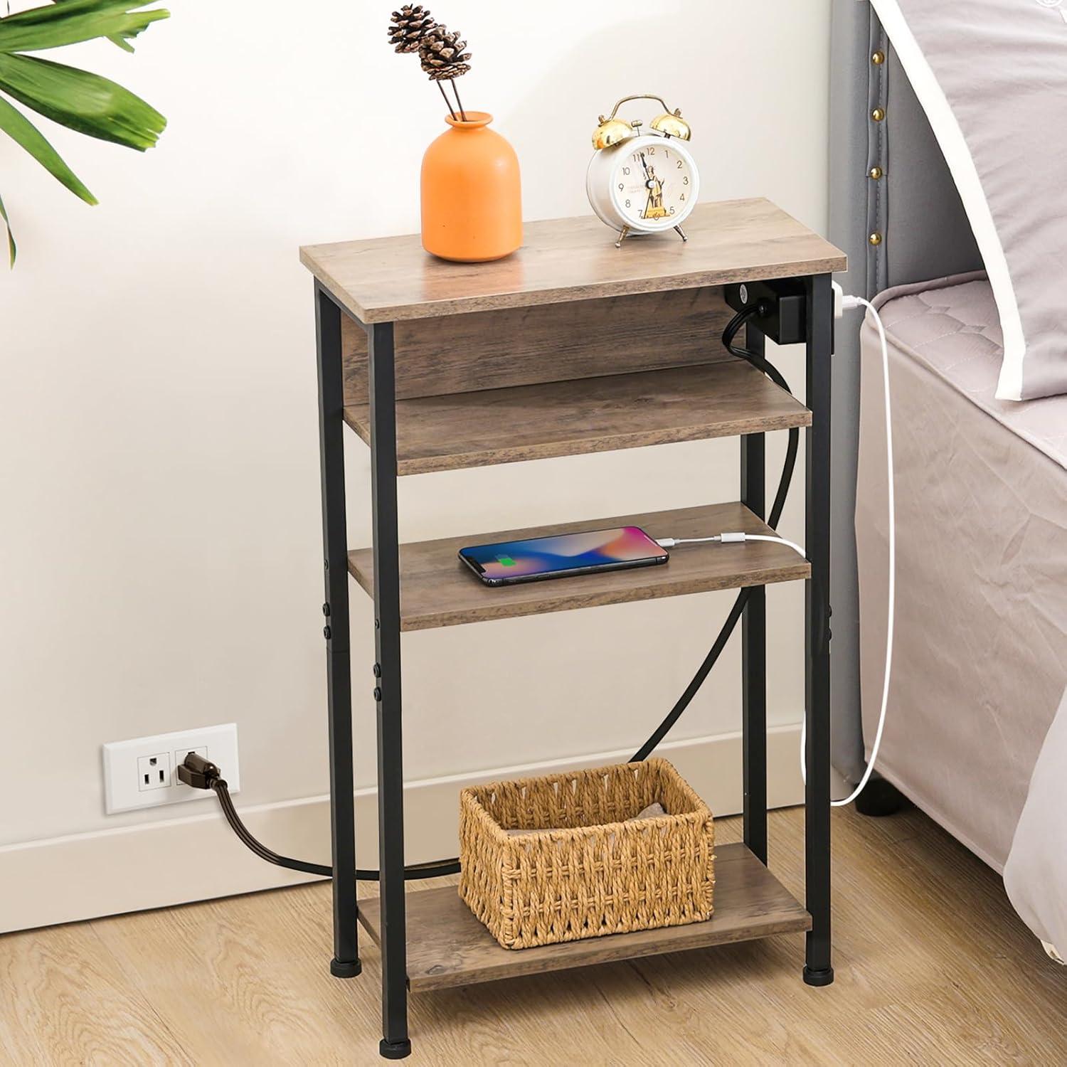 Set of 2 Grey C-Shaped End Tables with Shelves and Power Outlets