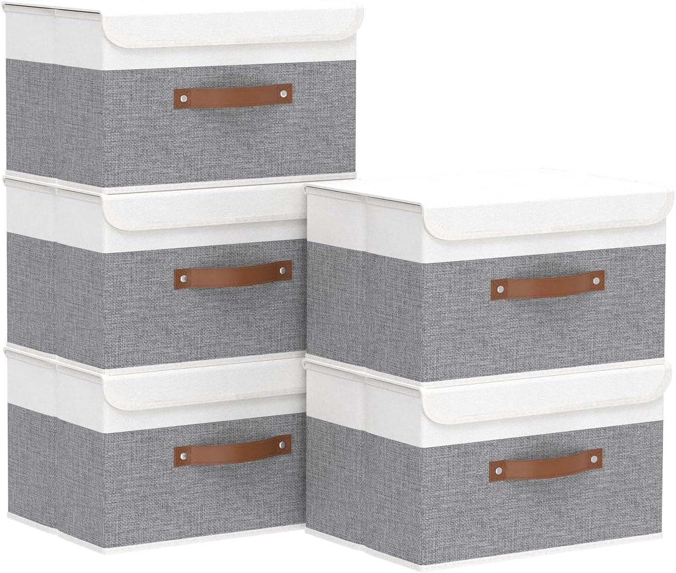 Yawinhe Storage Boxes with Lids, Linen Fabric Bin, Cube Organizer Basket, Washable and Leather Handle, for Home, Closet, White/Grey, 15.0''Lx9.8''Wx9.8''H, 1-Pack, USNK024WGL-1