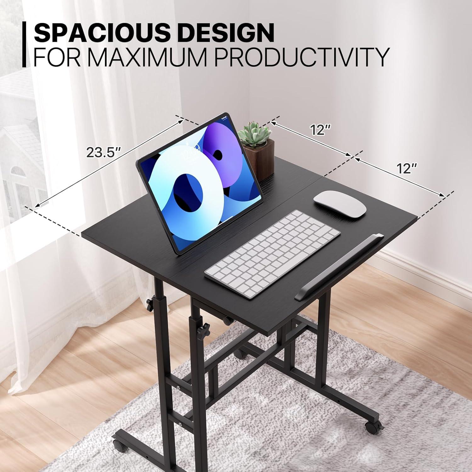 Inbox Zero Oziel Mobile Computer Desk, Adjustable Height Laptop Standing Desk with Tilting Tabletop and Monitor Shelf