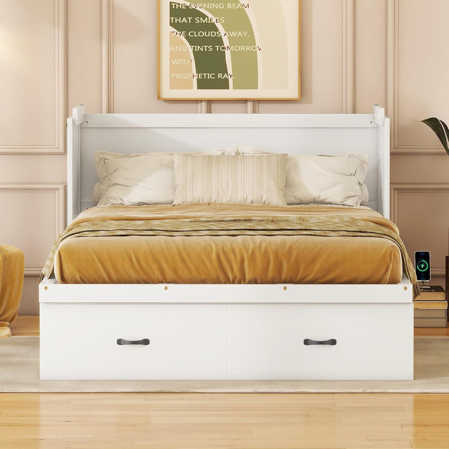 Harper & Bright Designs Full Size Murphy Bed with USB Port and a Large Drawer, Space-Saving Wall Bed for Multipurpose Guest Room or Home Office - White
