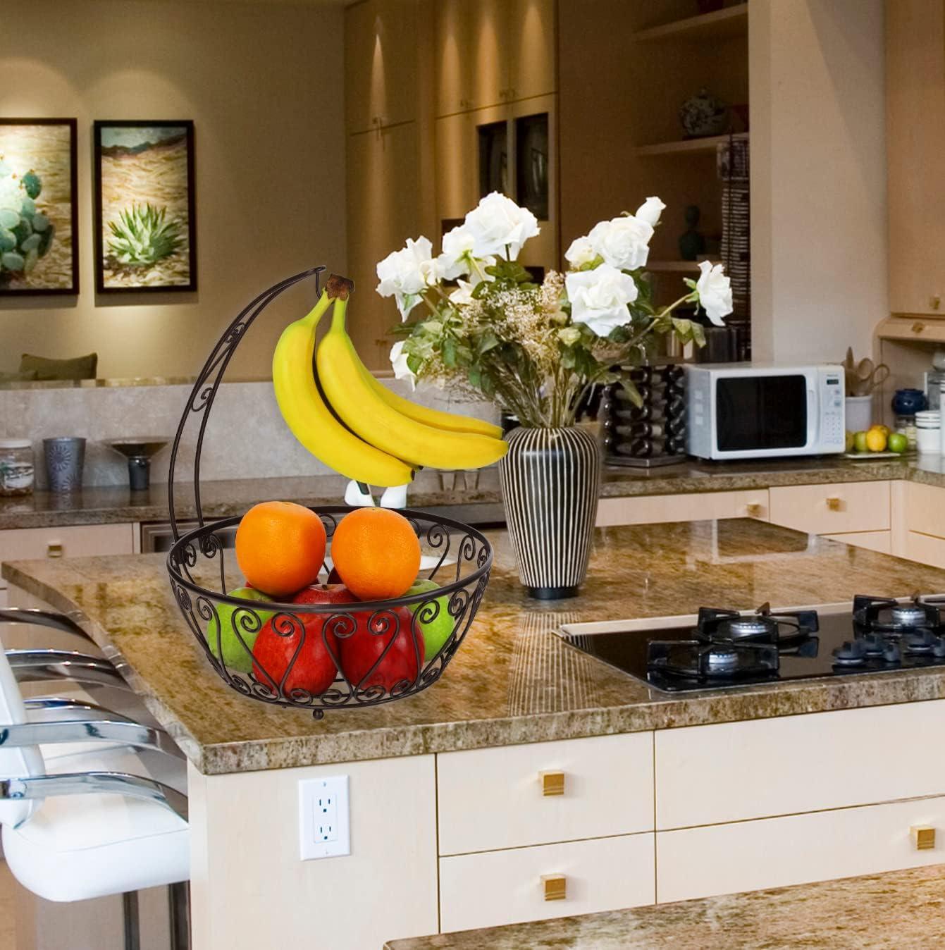 Bronze Round Fruit Basket Bowl with Banana Hanger