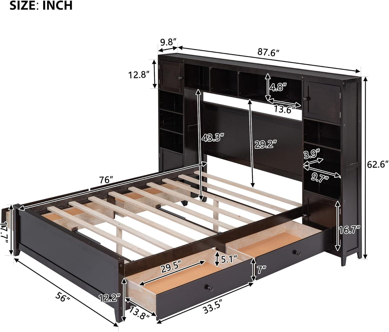 Polibi Full Size Bed Frame Wooden Platform Bed with All-in-One Cabinet and Shelf, 4 Storage Drawers & Wireable Charging Position with Holes,No Box Spring Required,Espresso