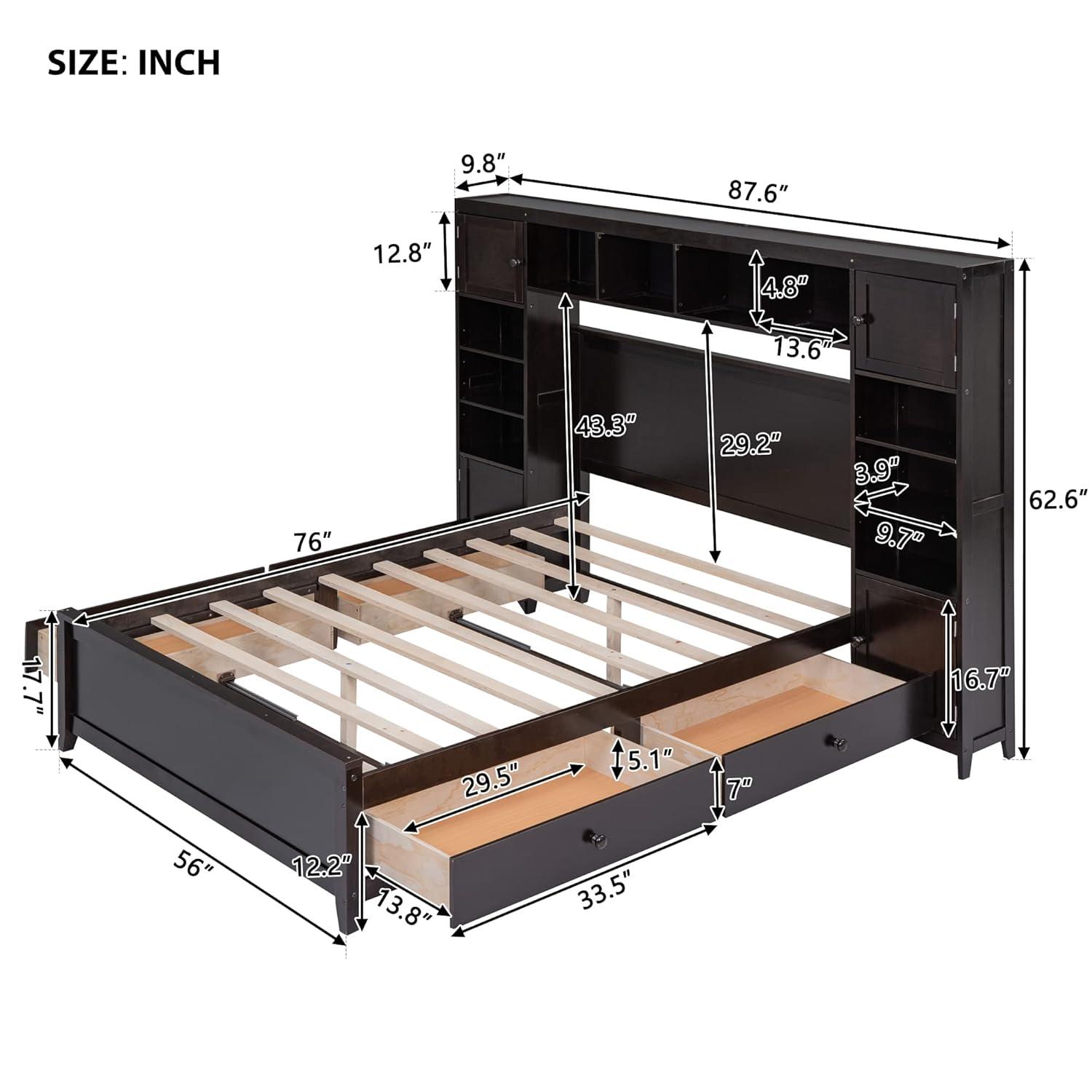 Polibi Full Size Bed Frame Wooden Platform Bed with All-in-One Cabinet and Shelf, 4 Storage Drawers & Wireable Charging Position with Holes,No Box Spring Required,Espresso