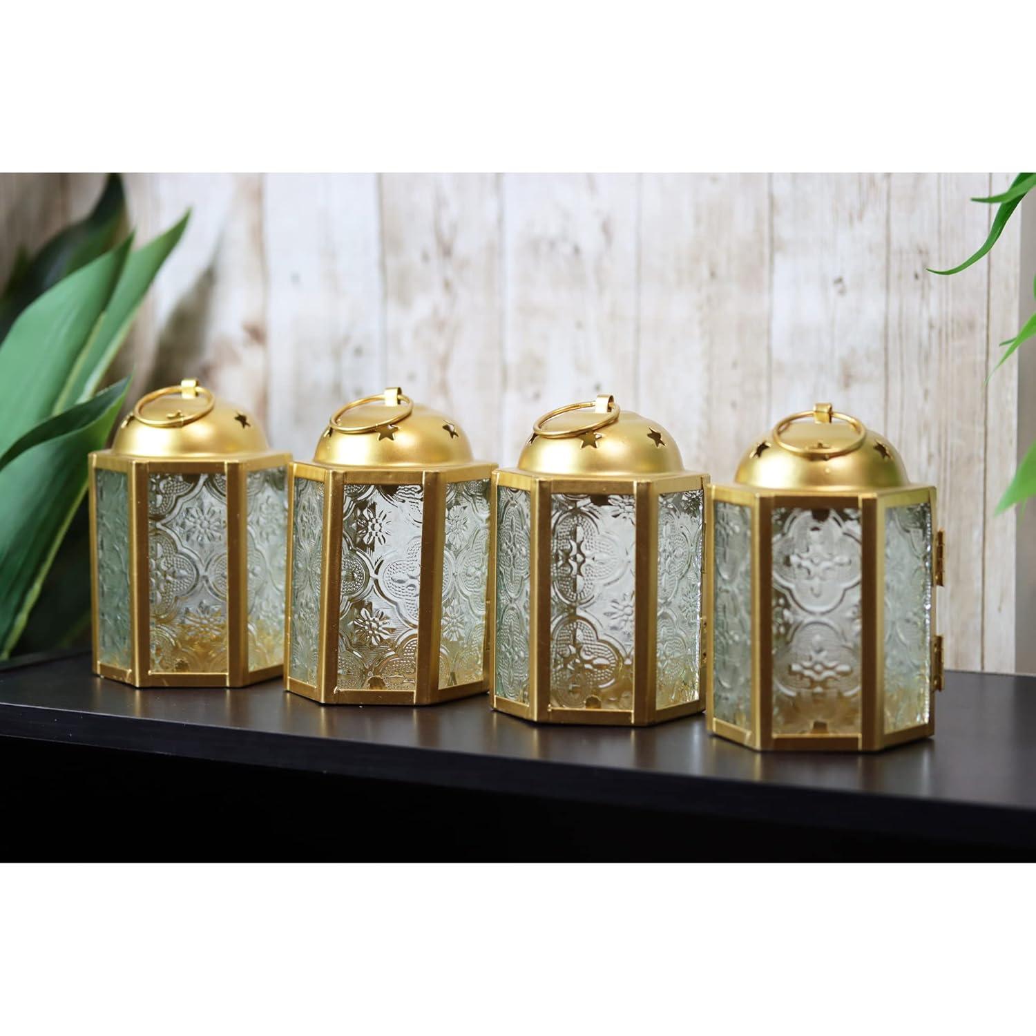 VELA LANTERNS Mini Moroccan Tea Light Candle Holder Lanterns – 4.25" Small Decorative Lantern for Table or Hanging, Metal with Glass Panels – Ramadan, Wedding, Home Decor, Gold (Set of 4)