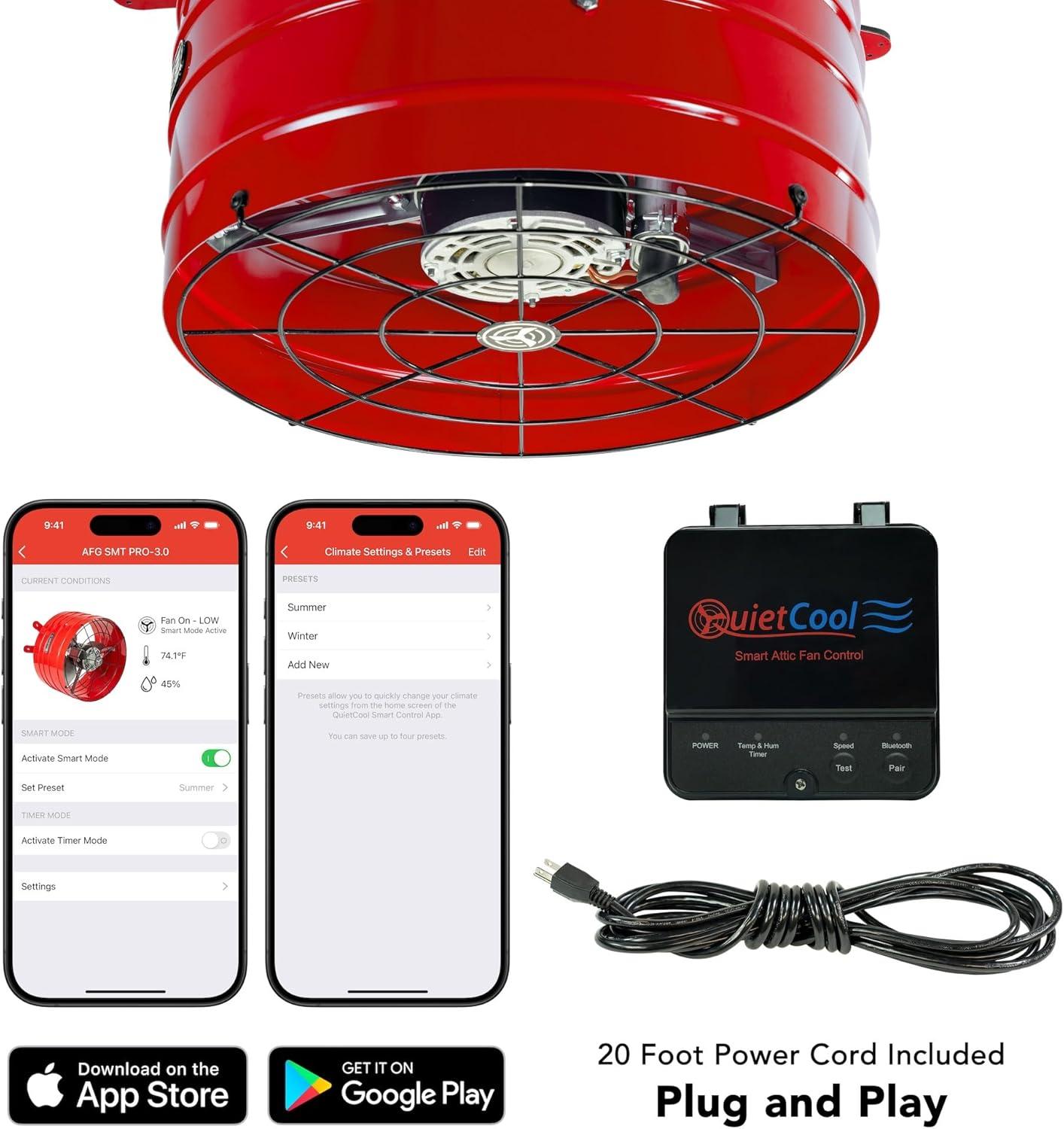 QuietCool AFG SMT PRO-3.0 Smart Attic Fan for Gable Vents - 2940 CFM - Smart App Control - Thermostat and Humidistat - 20ft Power Cord - Plug-and-play - Two Speed