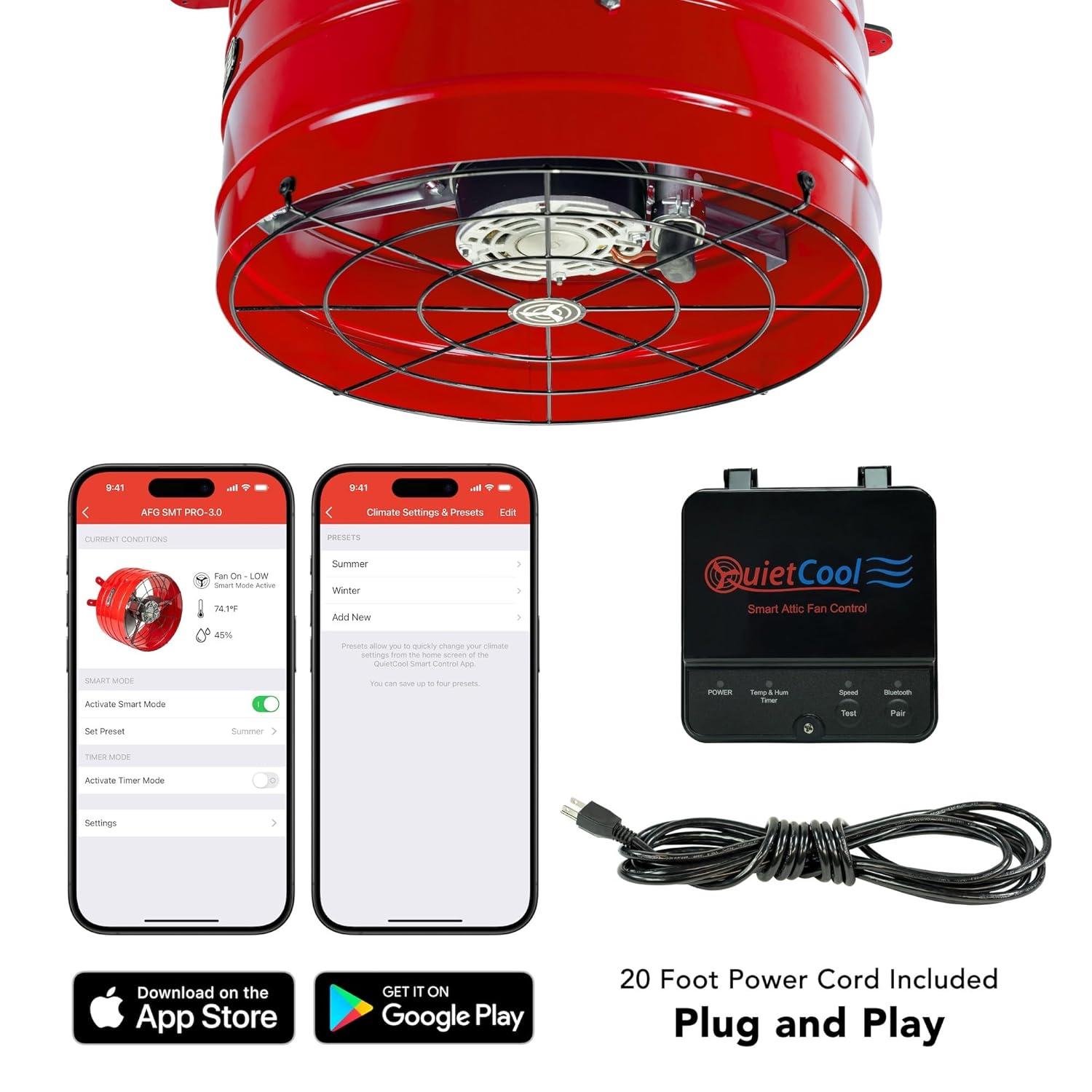QuietCool AFG SMT PRO-3.0 Smart Attic Fan for Gable Vents - 2940 CFM - Smart App Control - Thermostat and Humidistat - 20ft Power Cord - Plug-and-play - Two Speed
