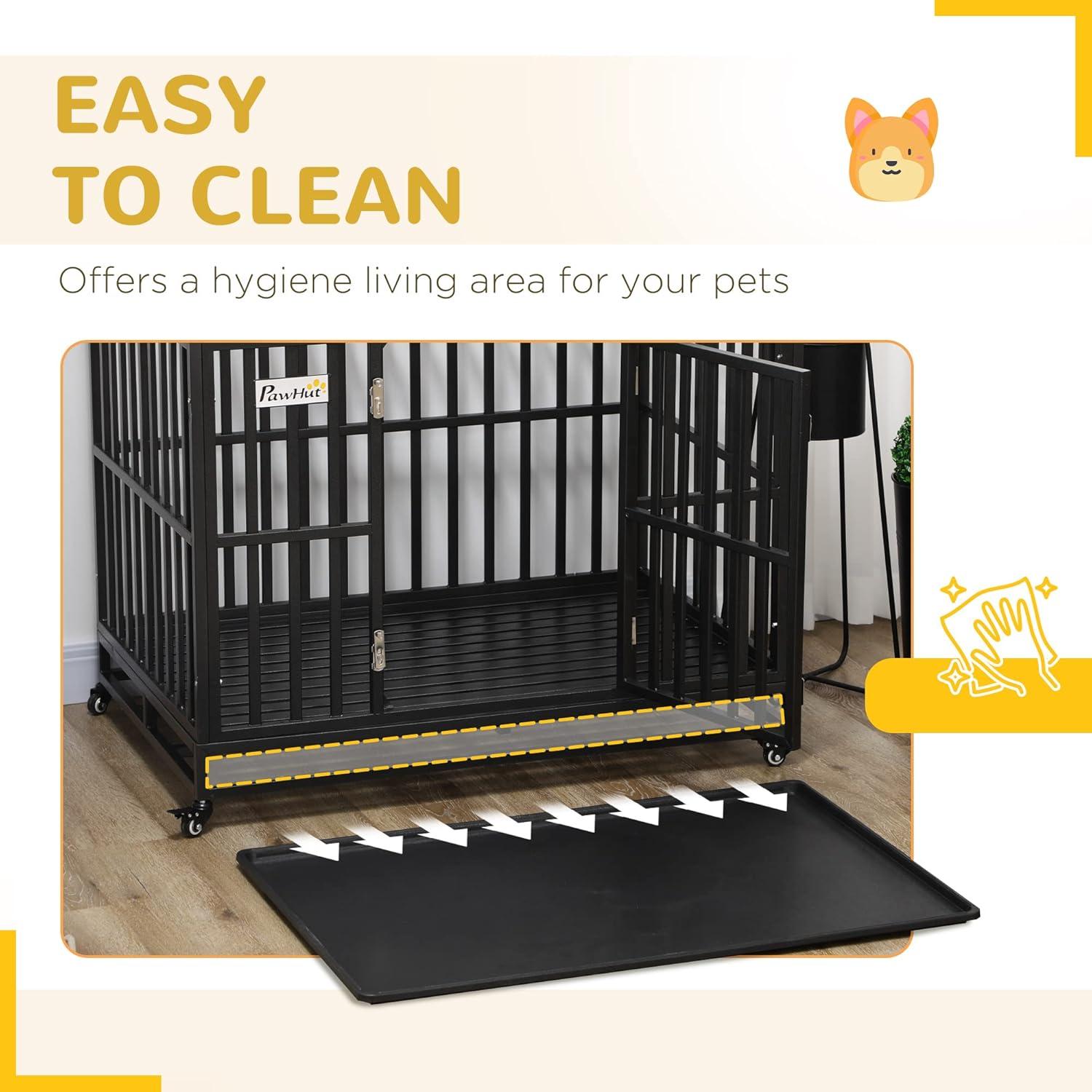 PawHut 44" Heavy Duty Dog Crate Metal Kennel and Cage Dog Playpen with Lockable Wheels, Slide-out Tray and Anti-Pinching Floor