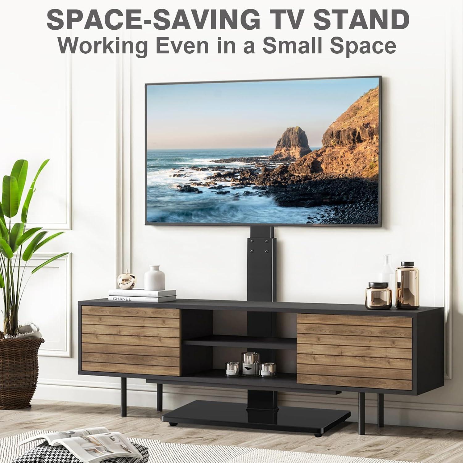 TAVR Universal Floor TV Stand Base for 32-75 Inch TVs up to 110 Lbs with Swivel Height Adjustable Mount, Black Tempered Glass Base for Media Storage and Space Saving