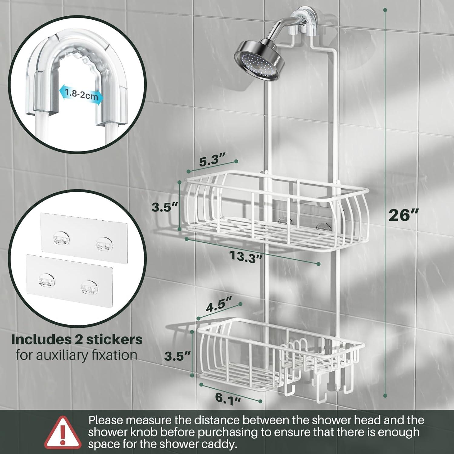 Epicano Shower Caddy Hanging, Anti-Swing Over Head Shower Caddy Rustproof with hooks for Towels, Sponge and more,White