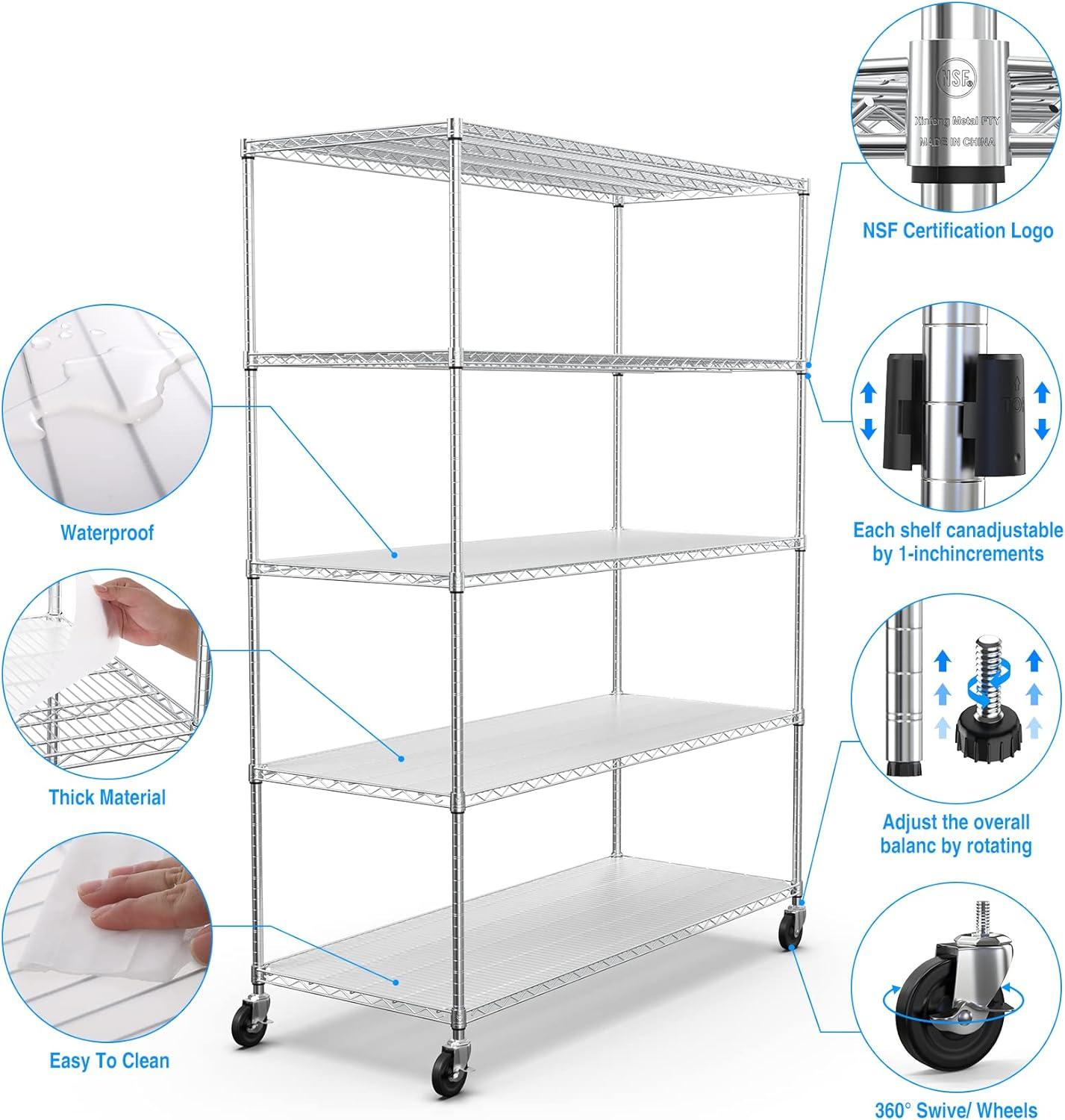 Titans 5-Tier 7500lbs Heavy Duty Adjustable Metal Wire Shelving Unit with Wheels  Liners, 82”H x 60”L x 24”D – White