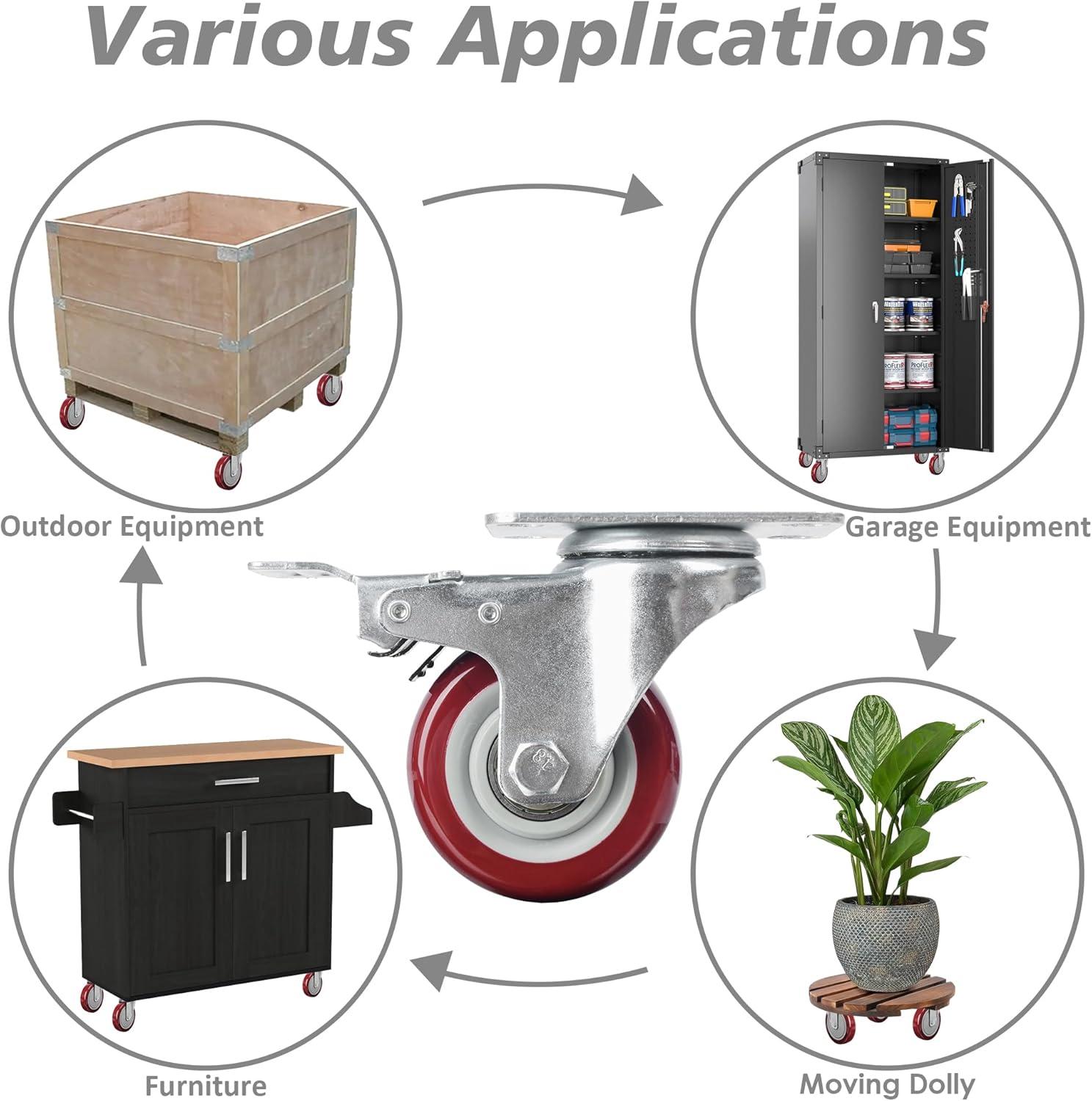 Caster Wheels Set of 4 with Brake Plate Swivel Casters Premium Polyurethane Wheels PU Load Bearing 1,200 Lbs Lockable Anti-wear Smooth Casters Red