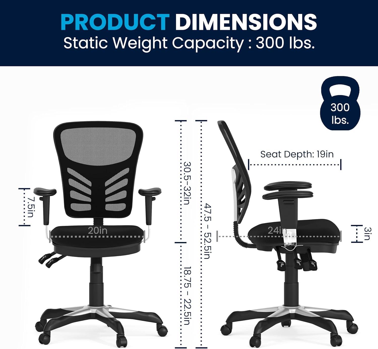 BizChair Mid-Back Black Mesh Multifunction Executive Swivel Ergonomic Office Chair with Adjustable Arms