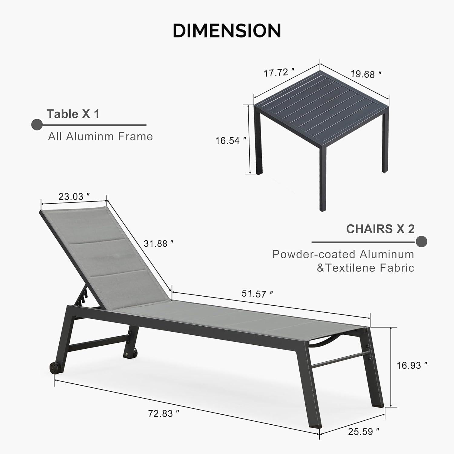 PURPLE LEAF Outdoor Chaise Lounge with Wheels for Outside 2 Pieces Aluminum Patio Lounge Chair with 5 Adjustable Position for Outdoor, Beach, Yard, Pool, Side Table Included, Light Grey