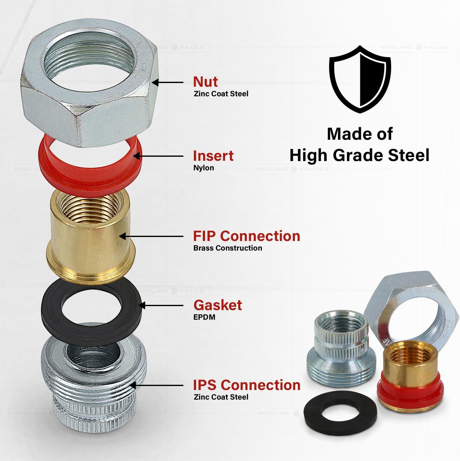 Midline Valve EVGG0114-OM Dielectric Union Pipe Fitting 1-1/4 in. FIP Reduces Electrolysis Brass x Stainless Steel