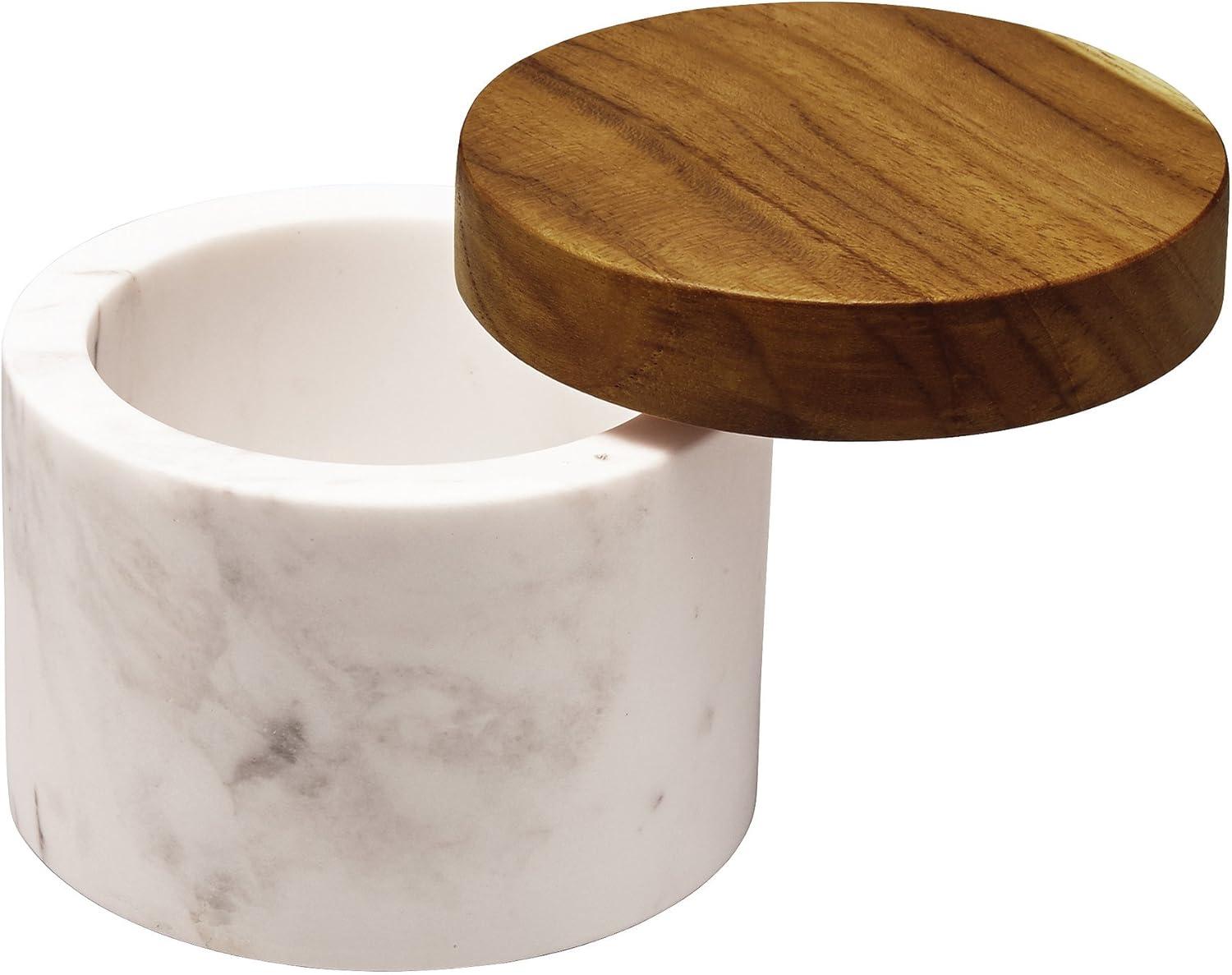 White Marble Salt Cellar with Teak Lid, 5.25 Ounce