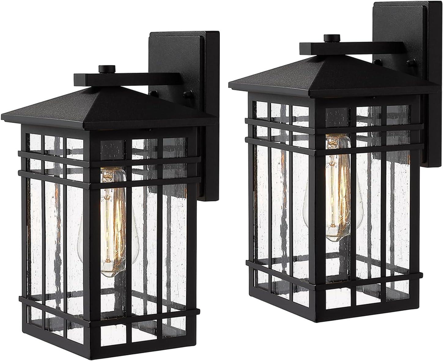 Black Modern Outdoor Wall Lanterns with Tempered Glass Shade, 9.76''