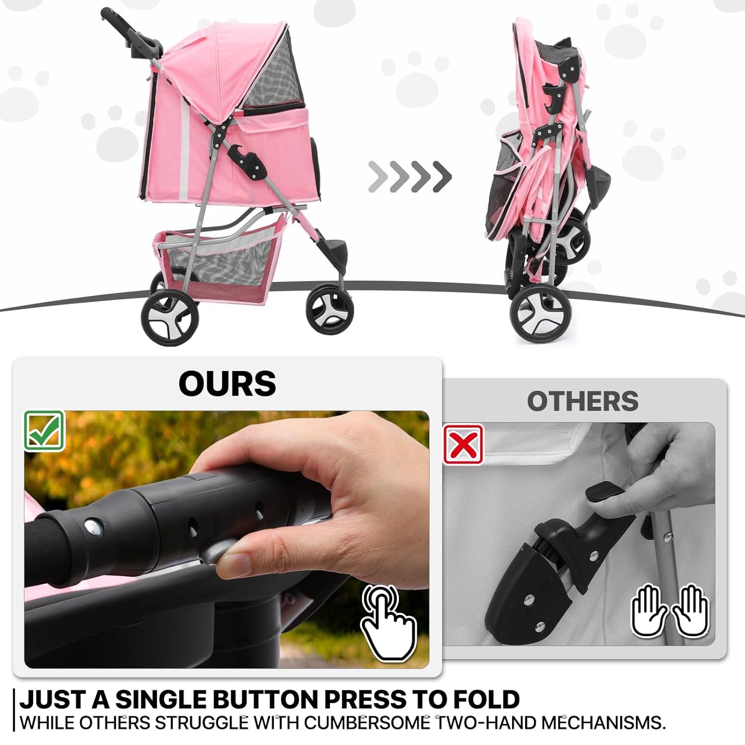 MoNiBloom Pet Dog Stroller with Wheels, Foldable Cat Dog Stroller with Storage Basket and Cup Holder for Small and Medium Cats, Dogs, Puppy, Pink