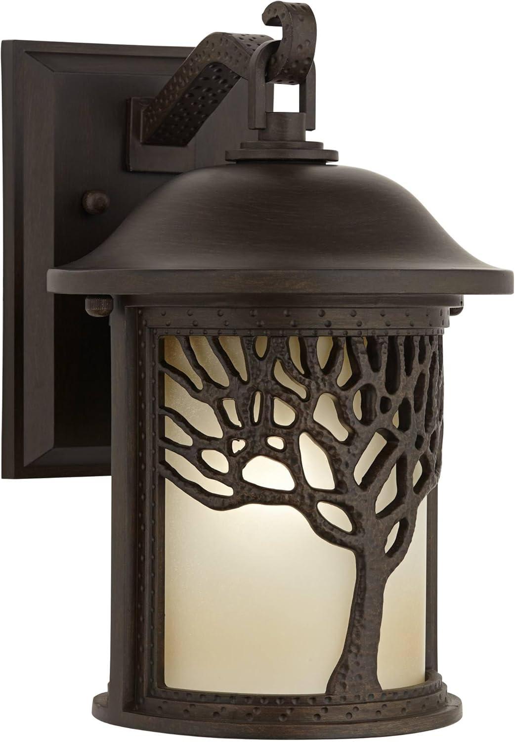 John Timberland Mission Outdoor Wall Light Fixture Bronze Tree Motif 12 1/4" Amber Glass Lantern for Exterior House Porch Patio