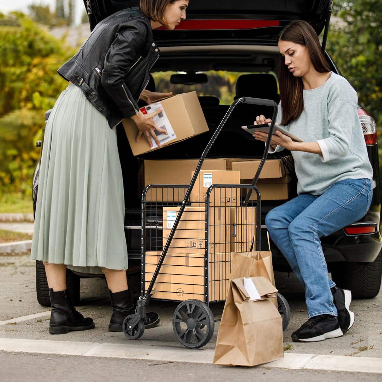 Black Metal Folding Utility Cart with 360° Swivel Wheels