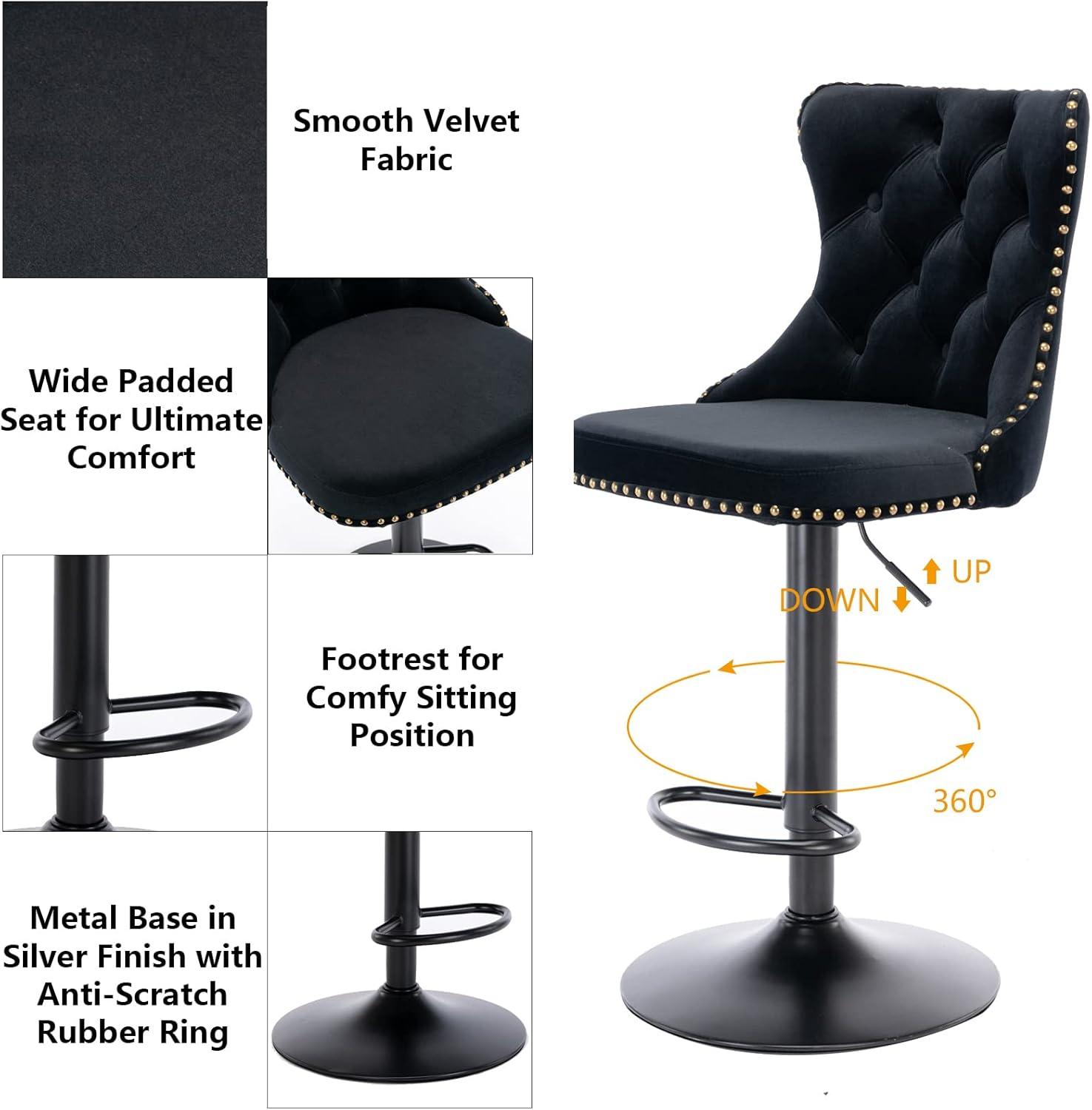 Swivel Velvet Bar Stools Set of 2,Counter Height Bar Chairs with Button Decor, Nailhead Trim and High Back,Modern Upholstered Bar Stools for Kitchen, Cafe, Pub,Black