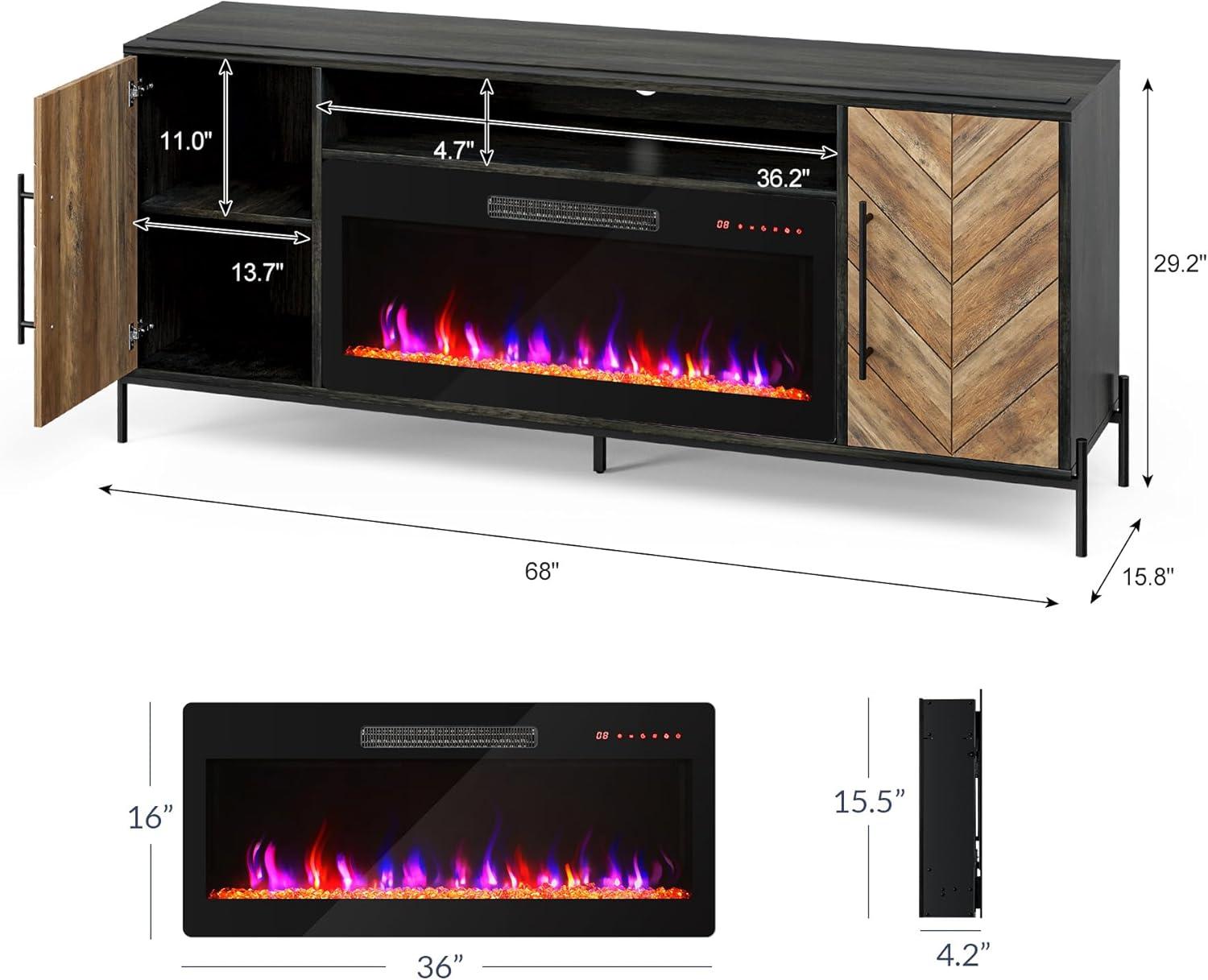 Black Ebony 68" TV Stand with Electric Fireplace and Cabinets