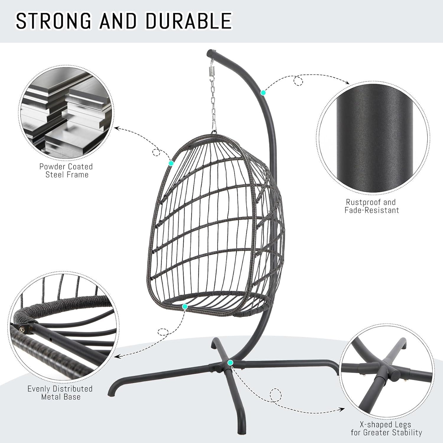 RADIATA Outdoor Foldable Hanging Egg Chair with Stand, PE Wicker Swing Chair with Cushion and Headrest, 350 lbs Capacity, Beige