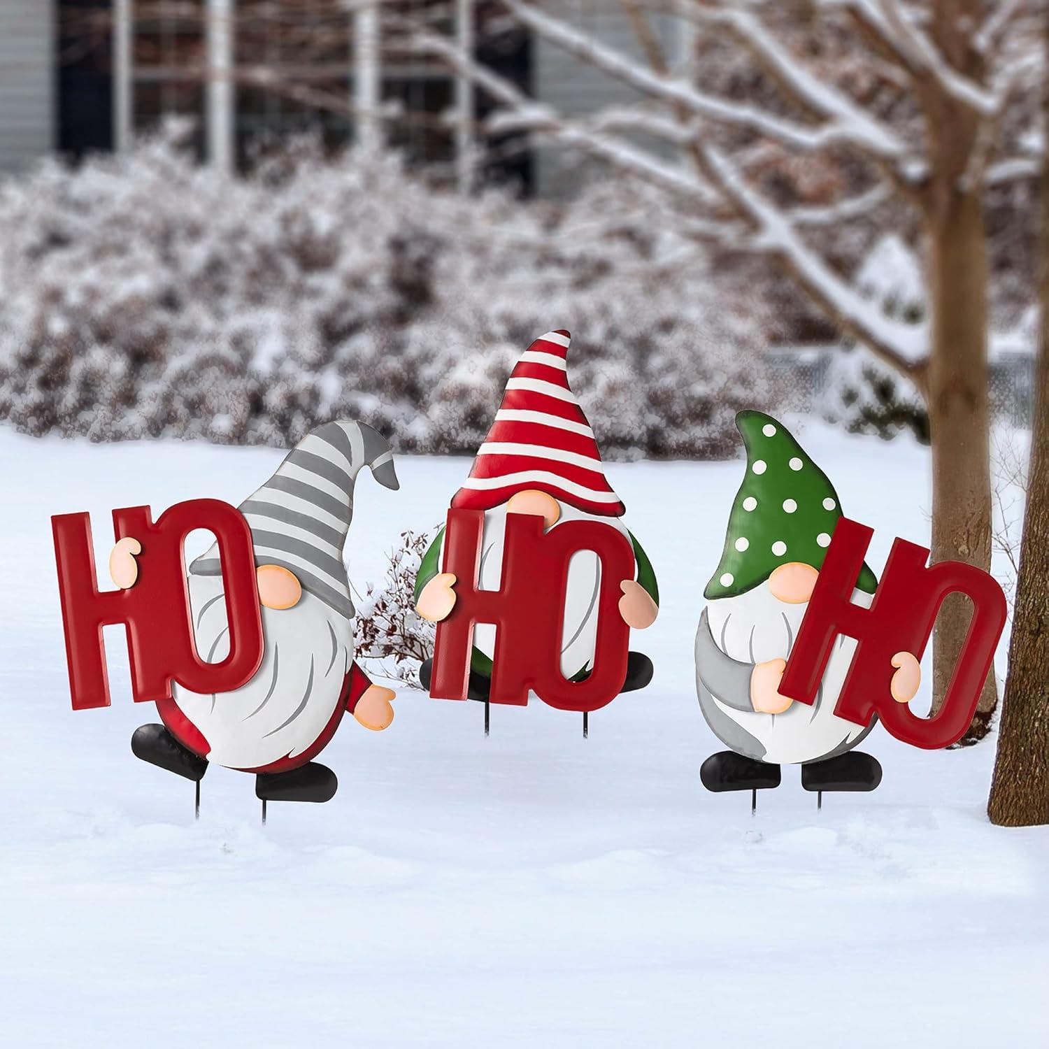 Festive Metal Gnome Yard Stakes with HOHOHO Letters