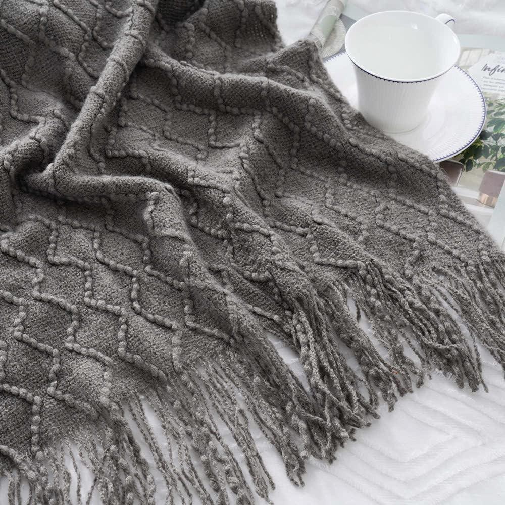 Battilo Dark Grey Throw Blanket for Couch, Textured Solid Grey Blanket Throw, Knitted Bed Throws for Foot of Bed, 50"x60"