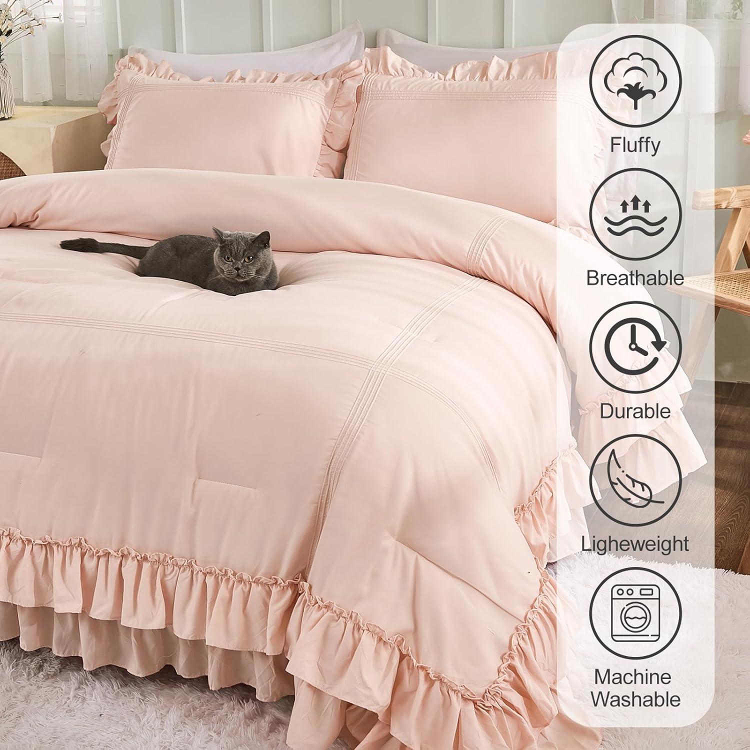 HOMERRY Pink Ruffle Pattern Duvet Cover Queen Size, 3PCS Soft Microfiber Fabric Comforter Set, 90x90 in