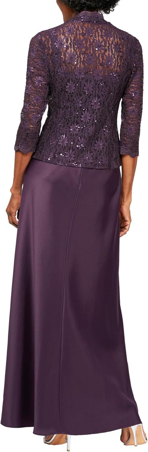 Alex Evenings Women's Long Mock Jacket Dress with Satin Skirt, 8 Eggplant