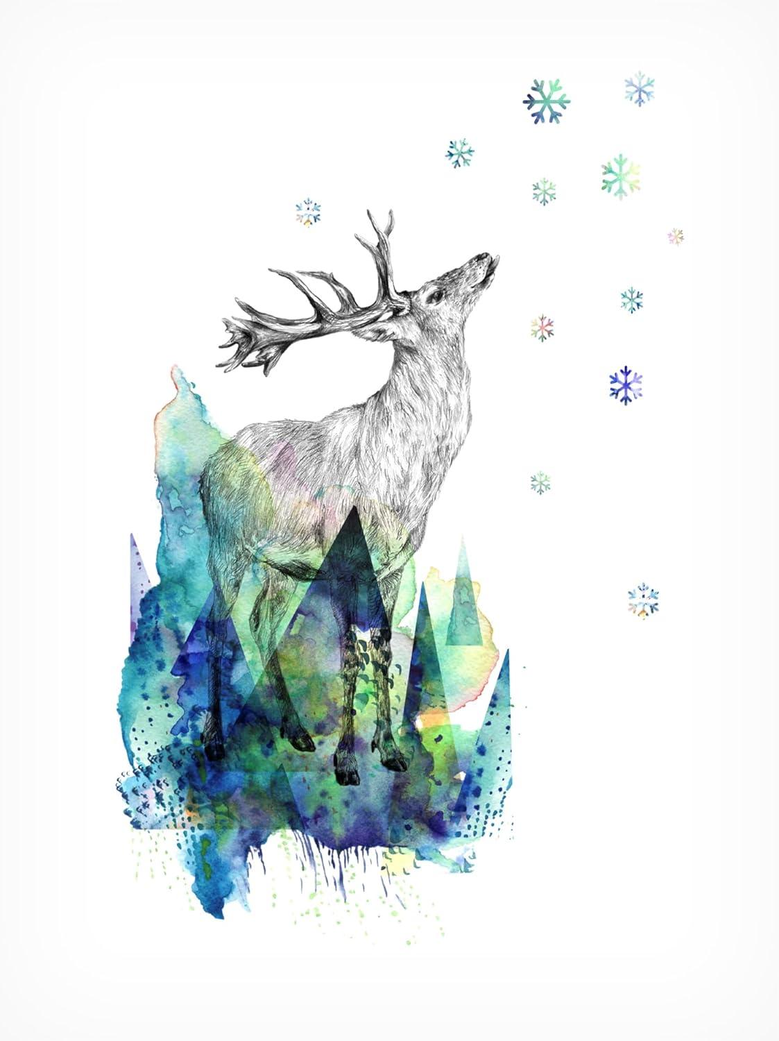 Winter Forest Deer Canvas Art Print in Blue and Green