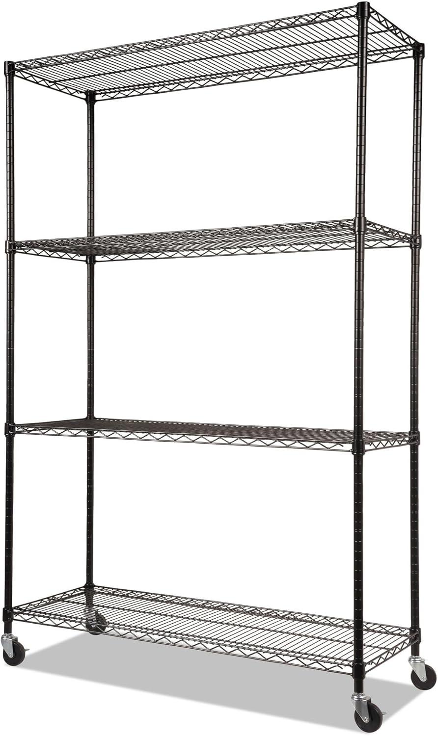 Alera Complete Wire Shelving Unit with Casters, Four-Shelf, 48" x 18" x 72", Black