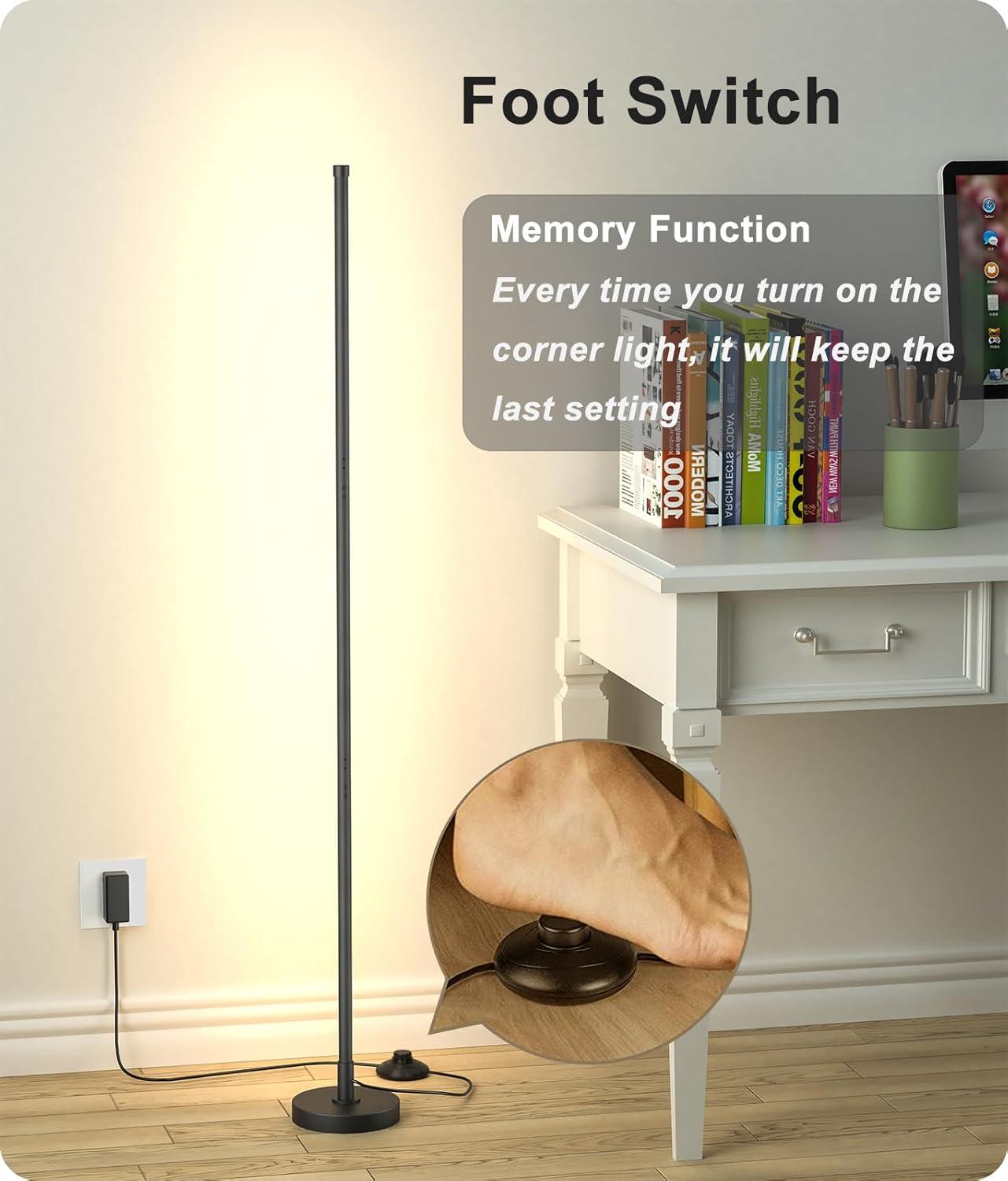 Corner Floor Lamp, Minimalist LED Floor Lamp with Remote Control, Dimmable Corner Light,Floor Lamps for Living Room, Bedroom, Home Office, 7 Color Temperature 3000K-6000K (Black, 1 Pack)