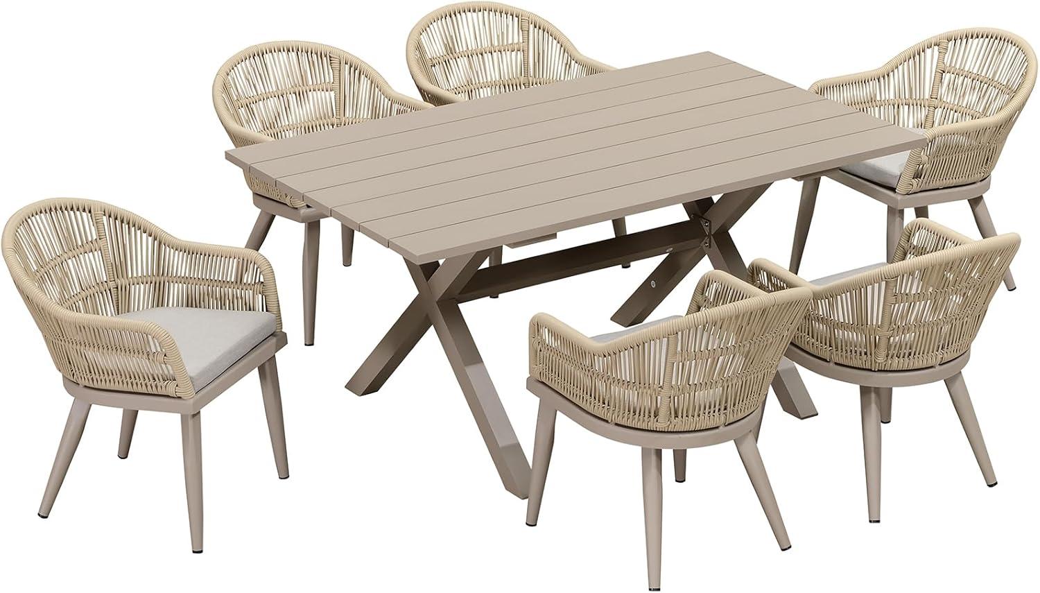 Champagne Aluminum 7-Piece Outdoor Dining Set with Beige Cushions