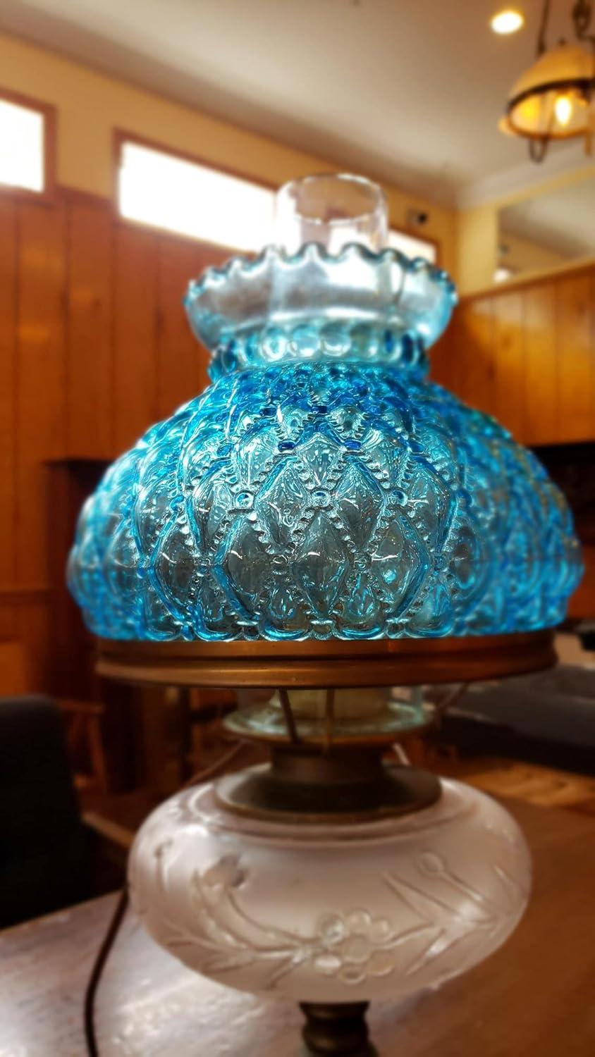 B&P Lamp Light Blue Glass Lamp Shade with Diamond Quilted Pattern Student Glass Shade with Crimped Top, 7 Inch Fitter, for Vintage and Antique Style Globes