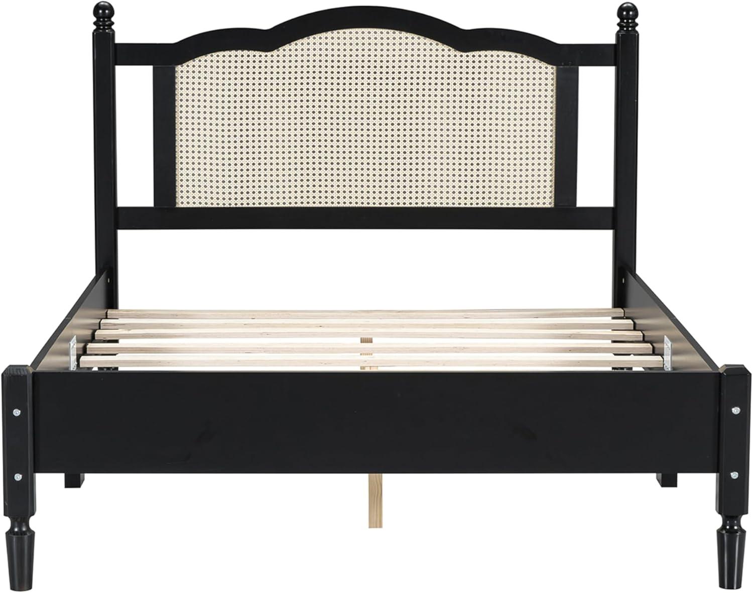 Wooden Platform Bed with Natural Rattan Headboard, Full Size Platform Bed with Wooden Slat Support, Vintage Rattan Bed Frame, No Box Spring Needed (Black,Full,233)