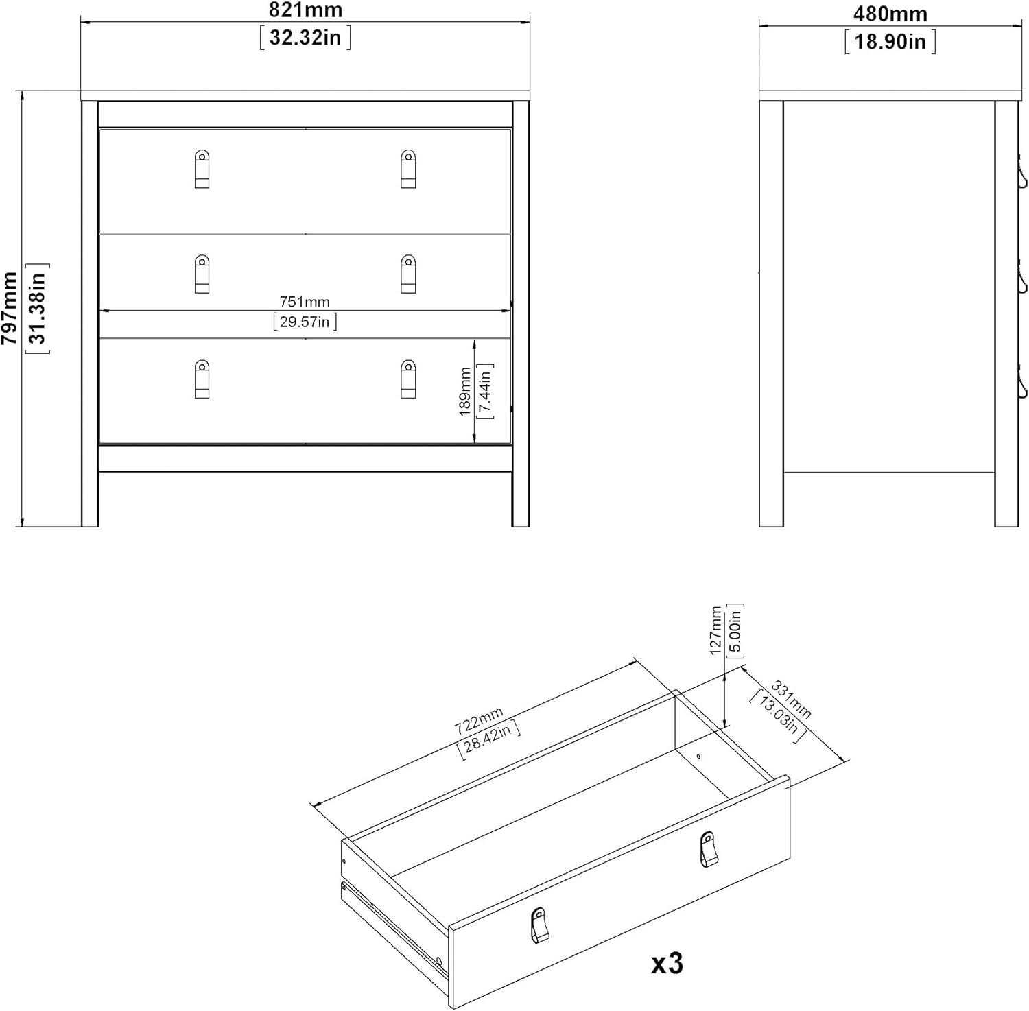 Madrid 3 Drawer Chest, White