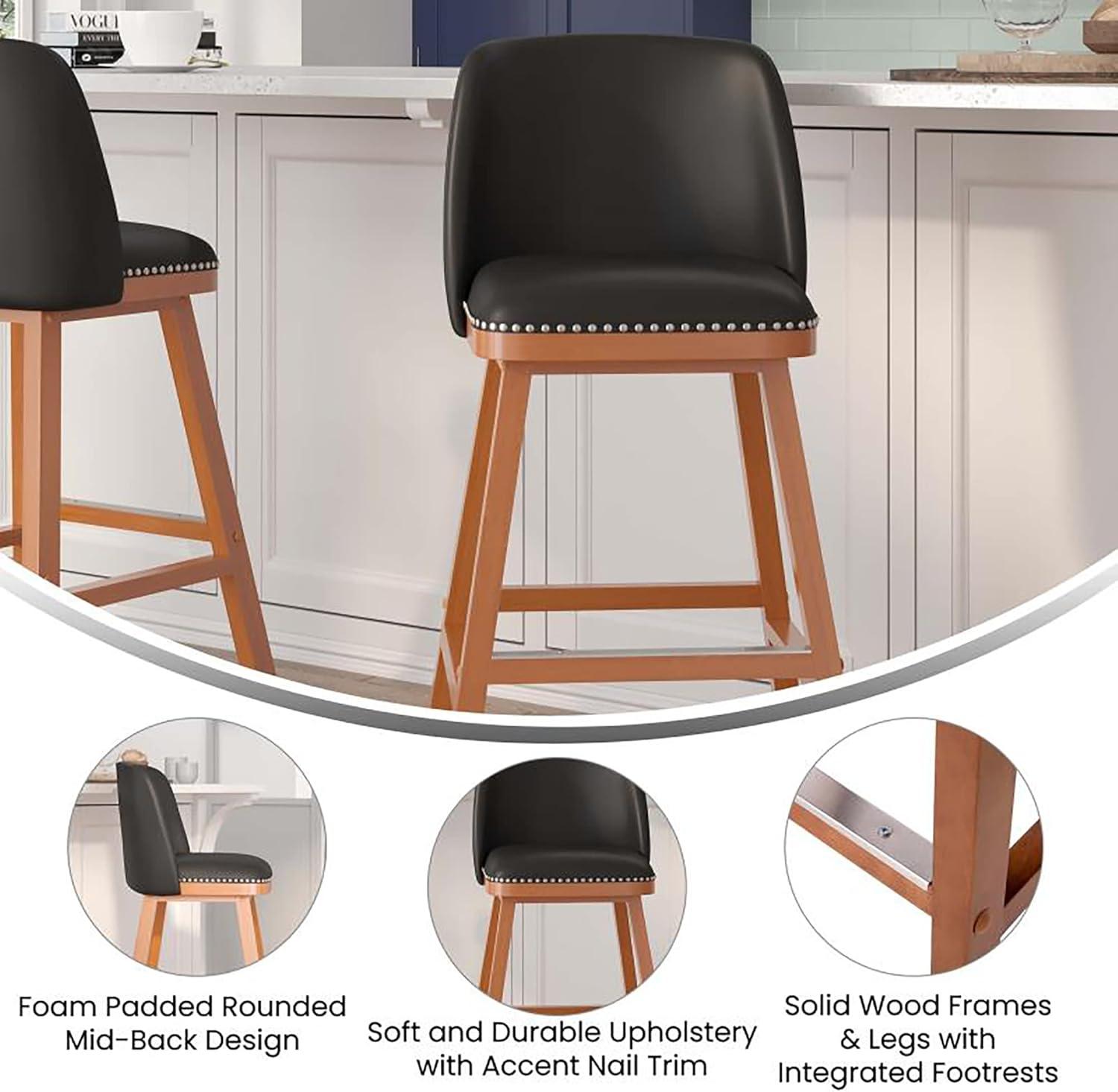 Flash Furniture 2 Pack Commercial Walnut Finish Wood Barstools with Nail Trim-Charcoal Faux Linen